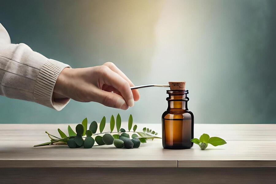 A person is using a spoon to measure the olive oil to make a bottle.