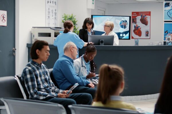 Waiting room in hospital lobby with reception counter desk, diverse people waiting to attend checkup visit appointment. Health care examination in emergency area at medical clinic.